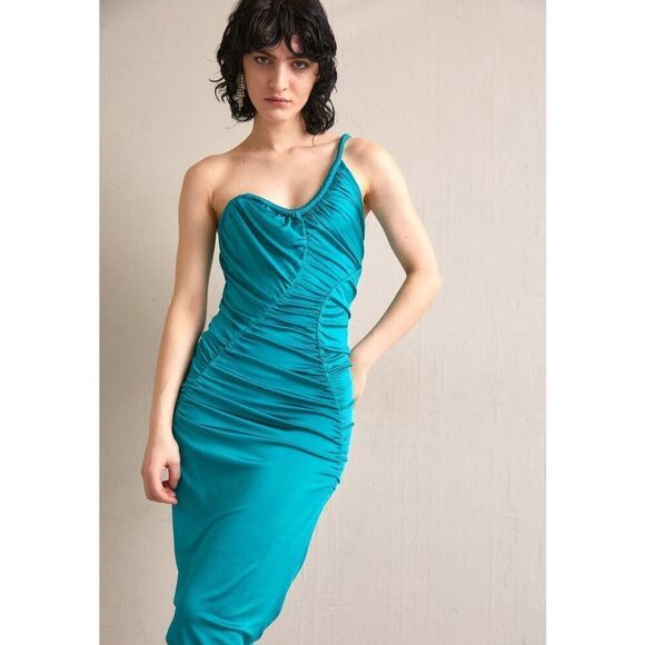 NEW ET Ochs Mary Curve Rushed One-shoulder Satin Teal Midi Dress Pickles Size 8 - Picture 4 of 13
